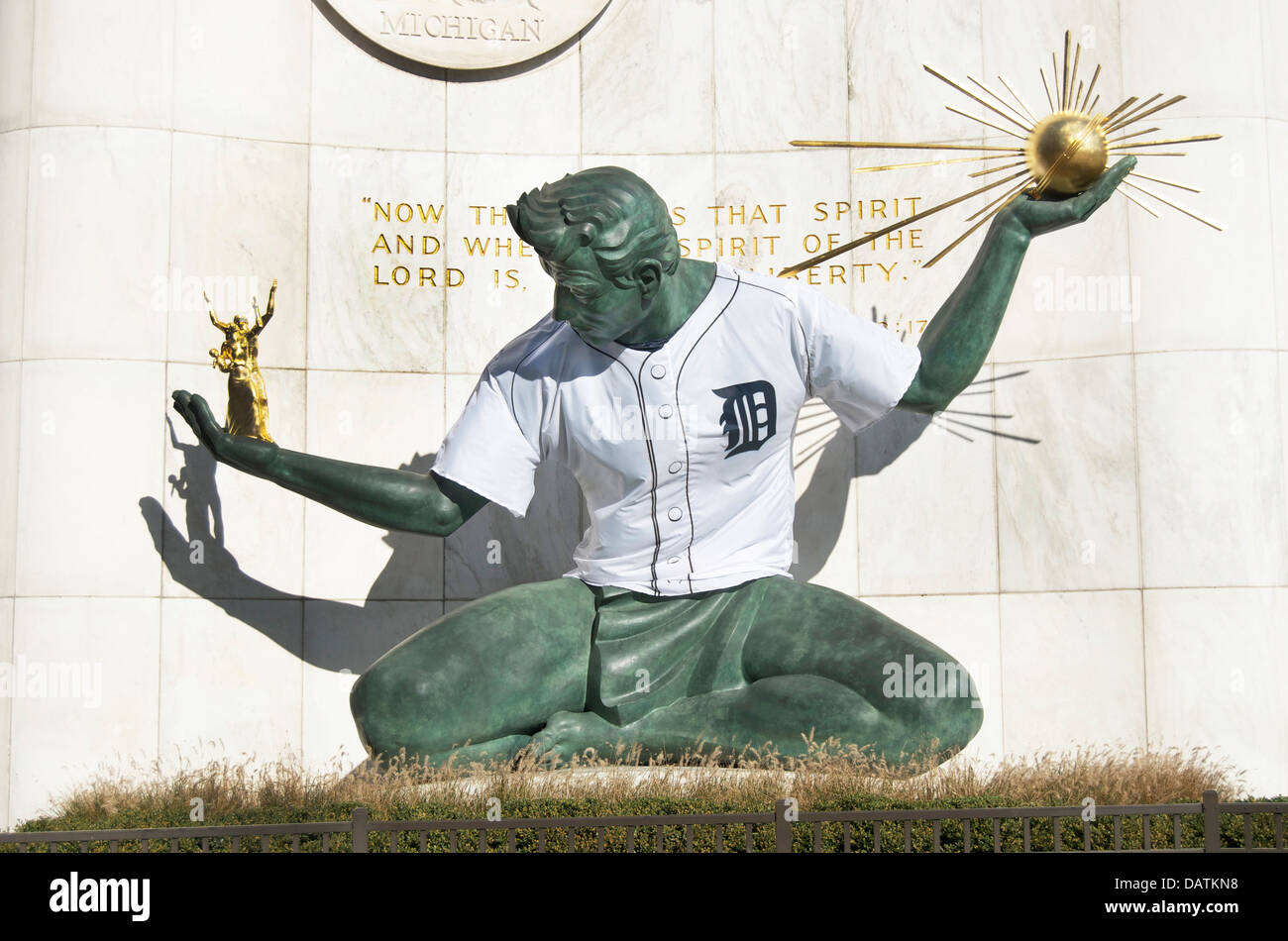 Spirit Of Detroit Statue with Detroit Tigers Baseball Jersey 2012, as the Detroit Tigers are competing for the World Series. Stock Photo