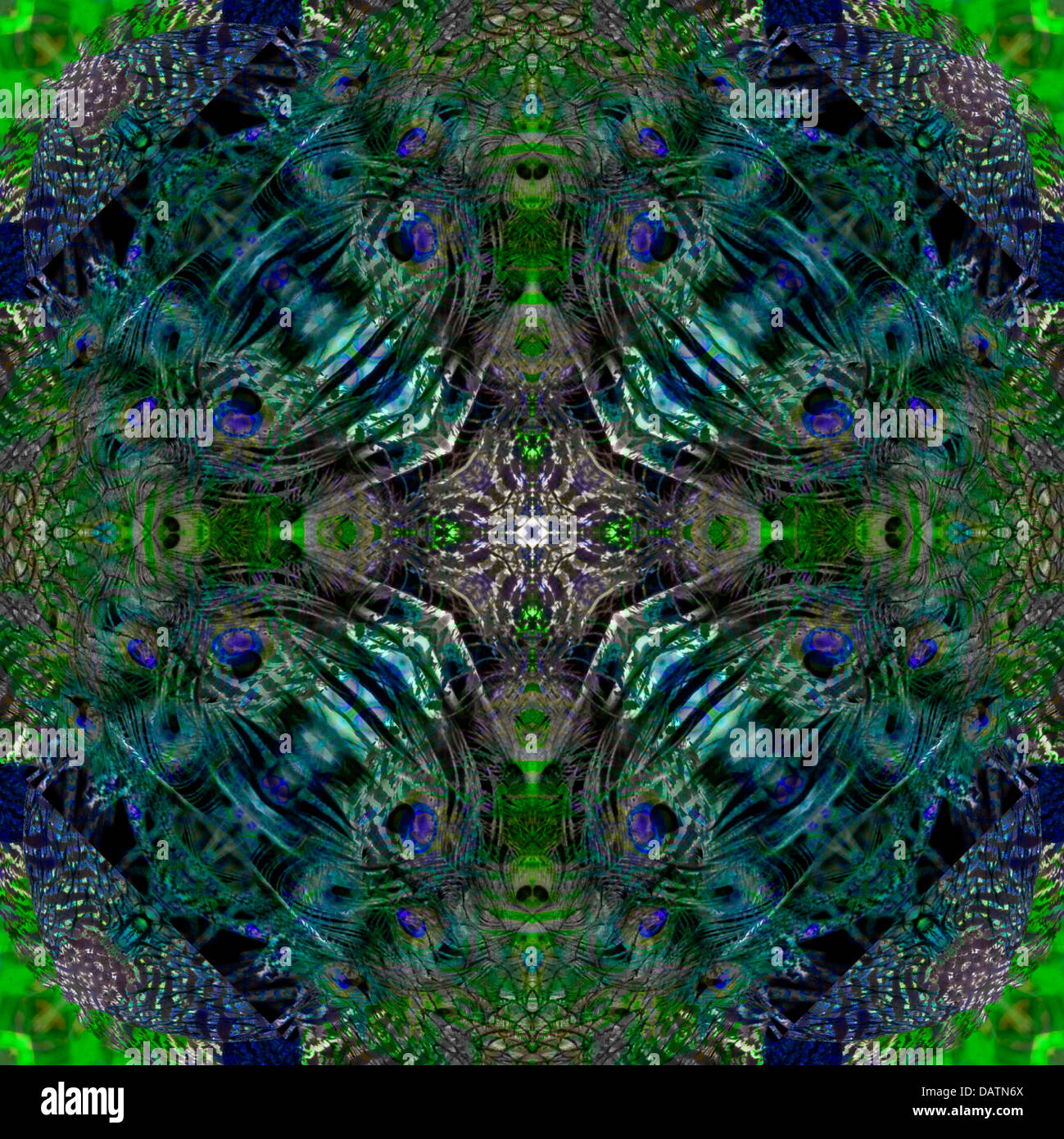 Digitally manipulated abstract square image of a peacock.which results in a stunning symmetrical kaleidoscope of blue and greens Stock Photo