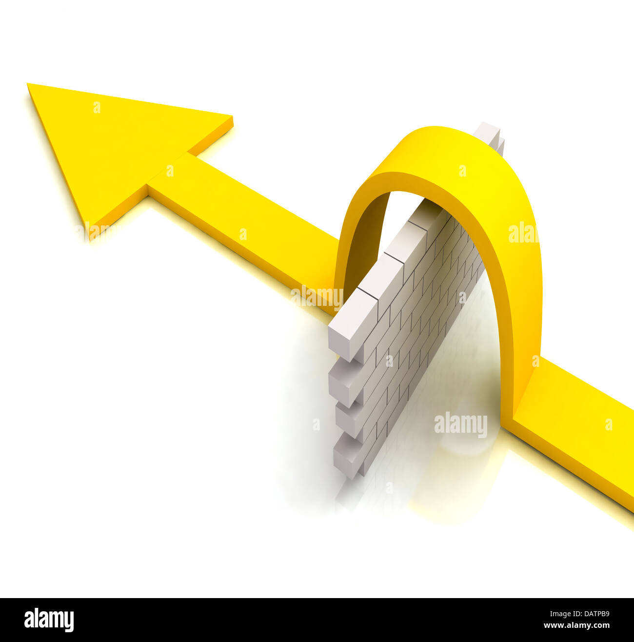 Yellow Arrow Over Wall Means Overcome Obstacles Stock Photo