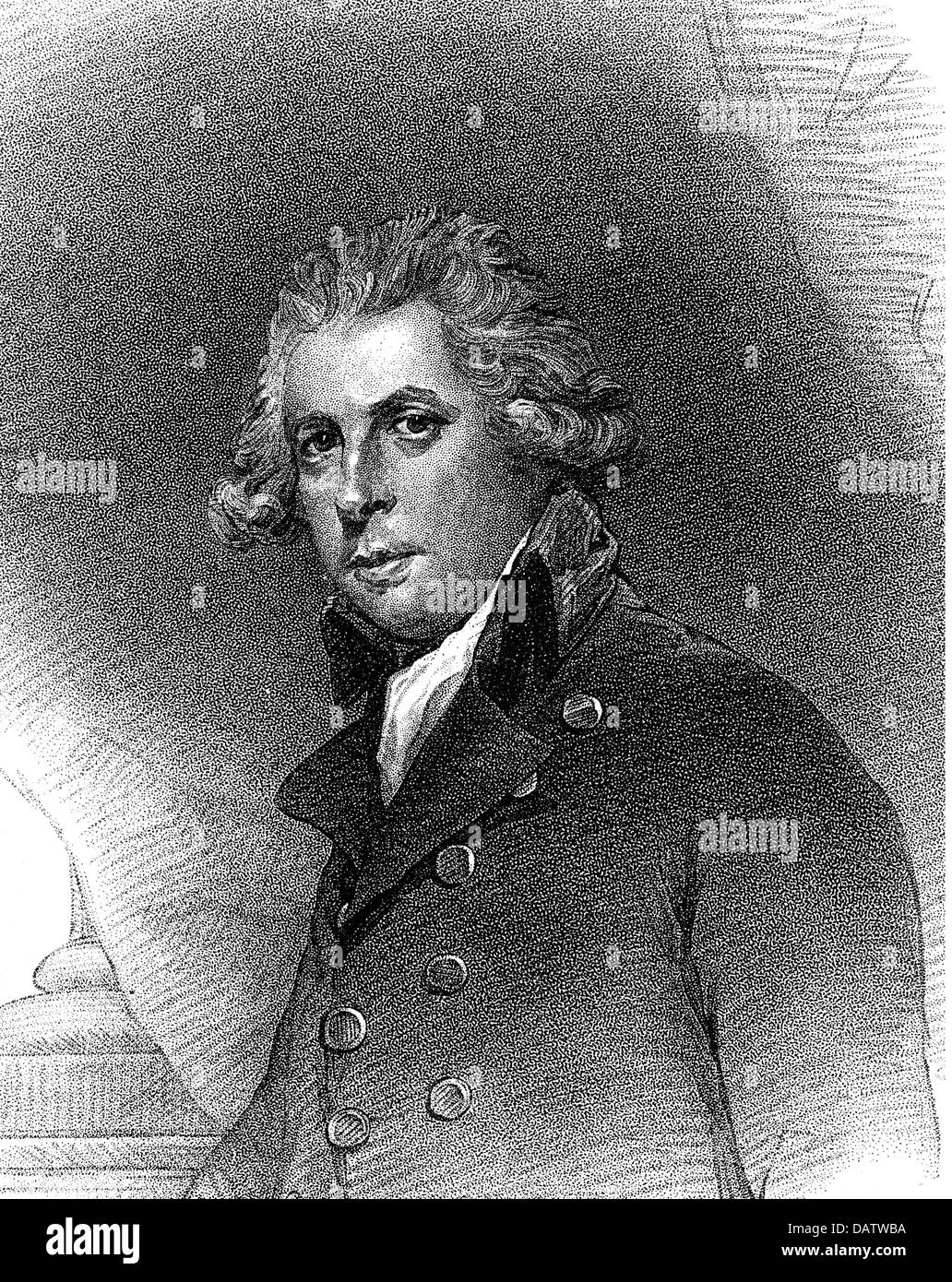 Sheridan, Richard Brinsley, 30.9.1751 - 7.7.1816, British politician, poet, half length, based on painting by Josuah Reynolds, copper engraving by E. Scriven, circa 1800, Artist's Copyright has not to be cleared Stock Photo