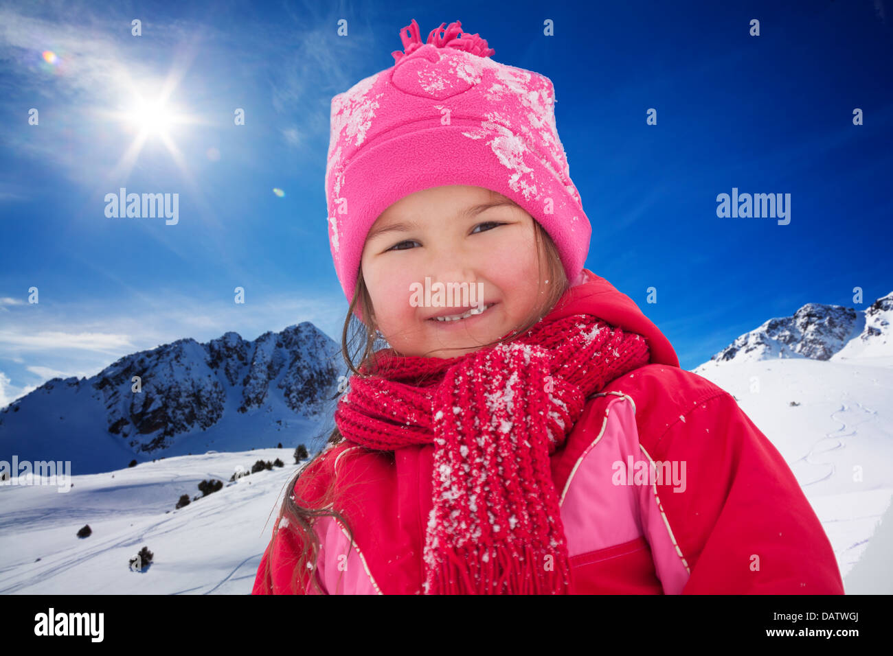 Portrait of happy Asian girl on snow day outside Stock Photo