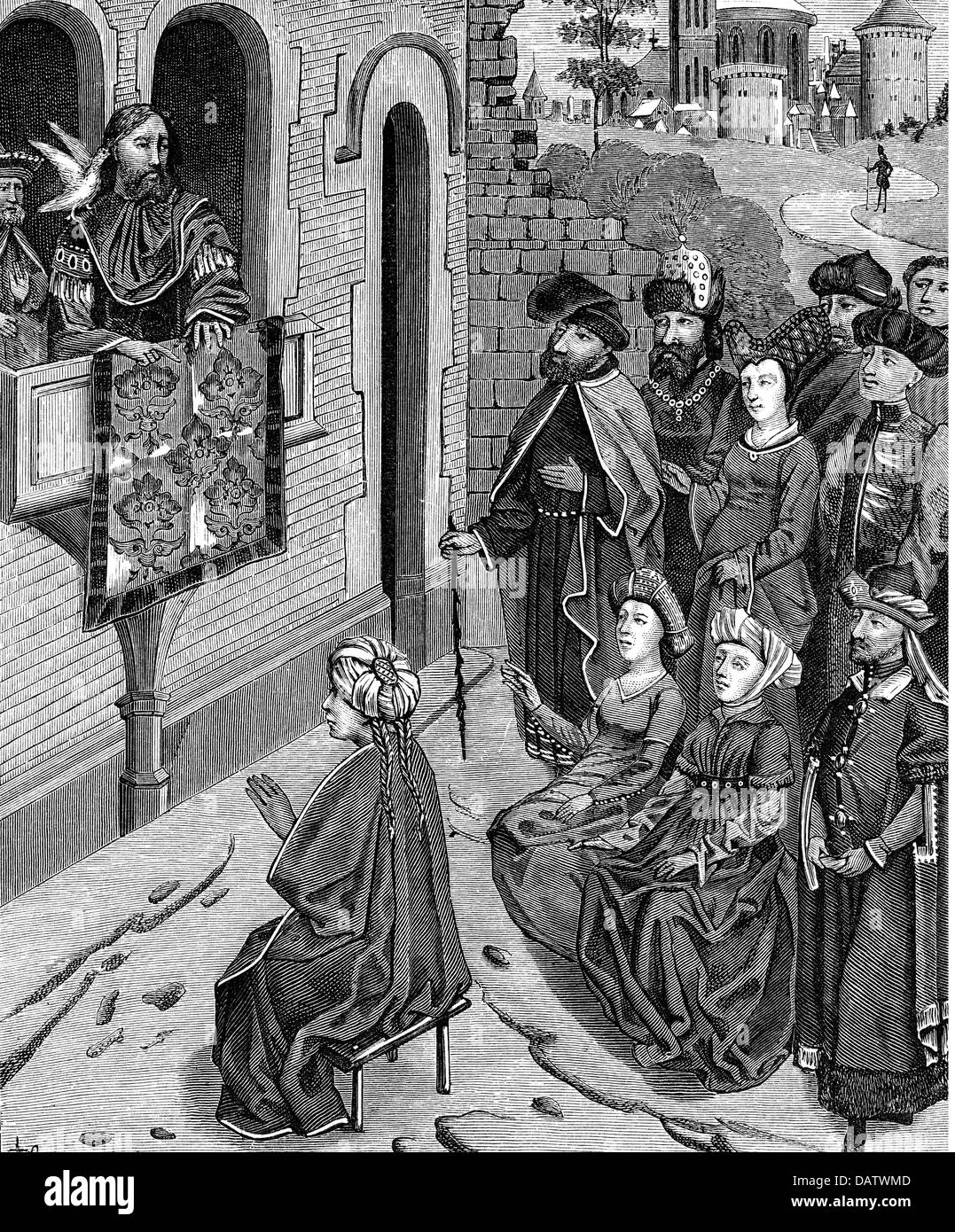 Judaism, persecution of the Jews, expulsion of the Jew from Jerusalem by Emperor Hadrian, 135 AD, after miniature from 'Histoire des empereurs', 15th century, wood engraving, 19th century, Additional-Rights-Clearences-Not Available Stock Photo