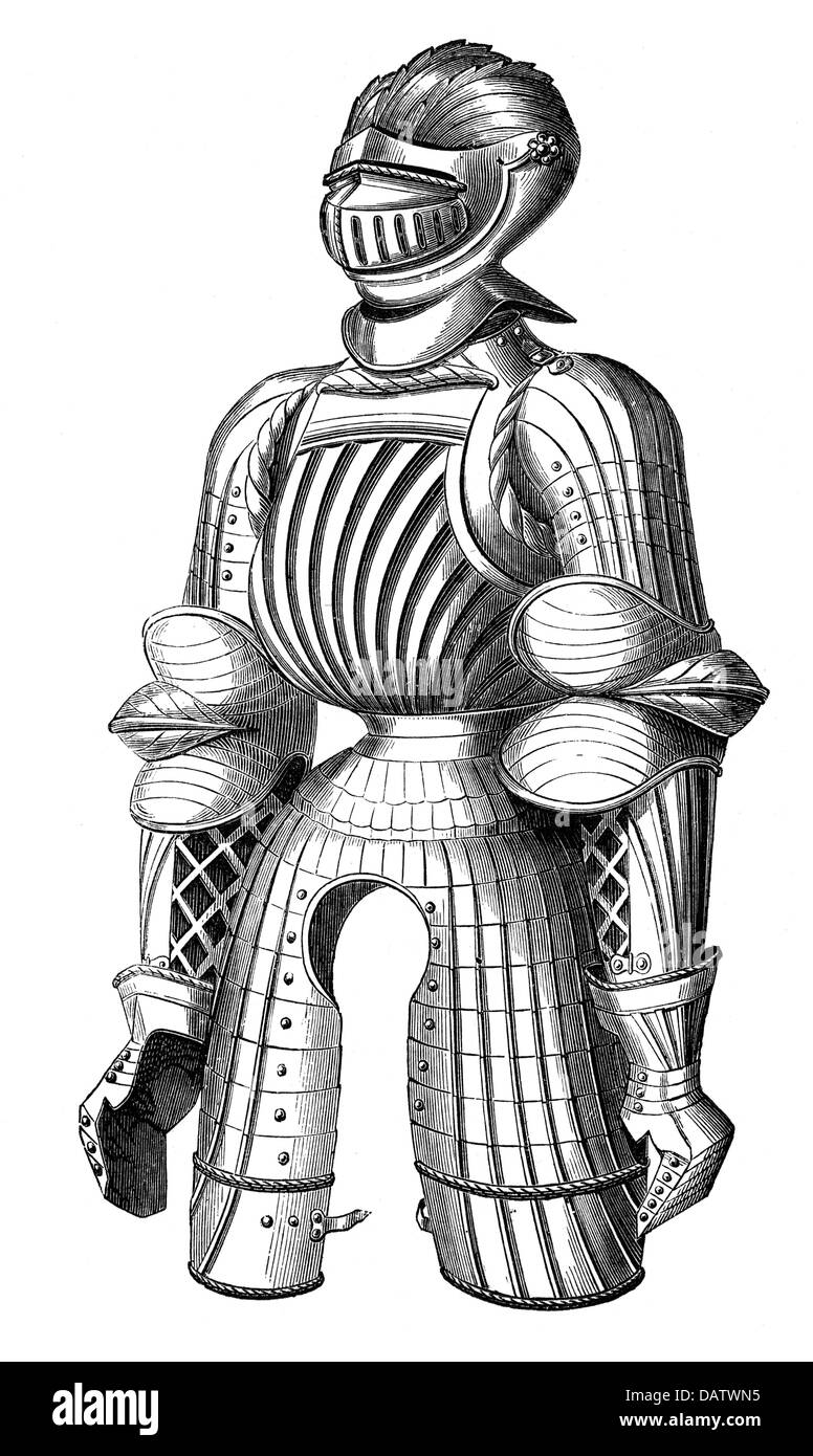 military, Middle Ages, knight's armour, Maximilian armour, 15th century, wood engraving, 19th century, visor, helmet, helmets, knight's armour, knight's armor, protection, plate armour, historic, historical, medieval, Additional-Rights-Clearences-Not Available Stock Photo