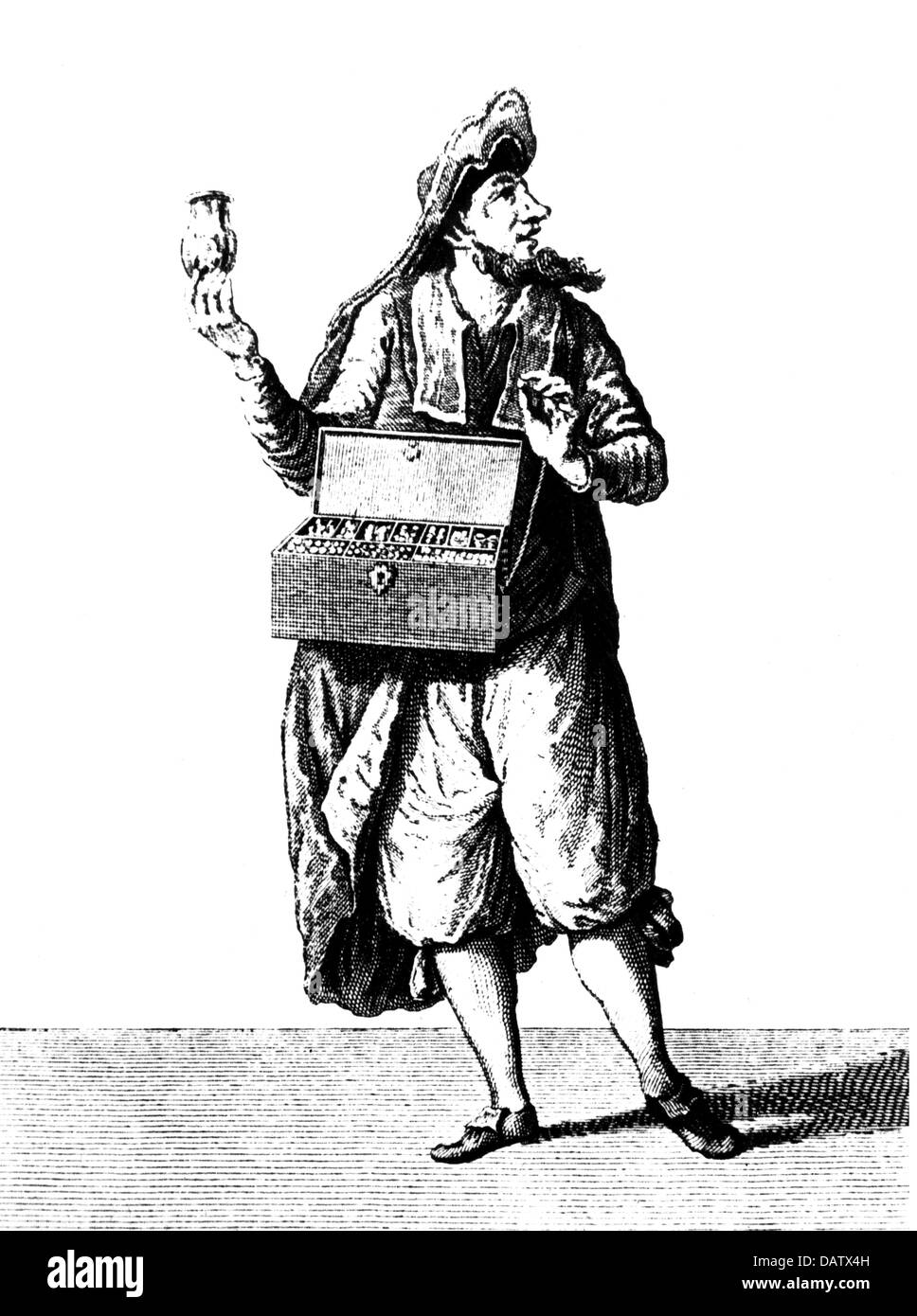 trade, merchants, merchant with vendor's tray selling contraceptives, copper engraving, 18th century, 18th century, graphic, graphics, caricature, caricatures, satire, humor, humour, merchant, merchants, vendor's tray, vendor's trays, full length, clothes, outfit, outfits, hat, hats, beard, beards, knee breeches, standing, holding, hold, glass, glasses, embryo, embryos, dead body, dead bodies, corpse, corpses, pregnancy, gestation, gravidity, pregnancies, quacksalver, quackery, quackeries, headpiece, headpieces, contraceptive, contraceptives, medicine,, Artist's Copyright has not to be cleared Stock Photo