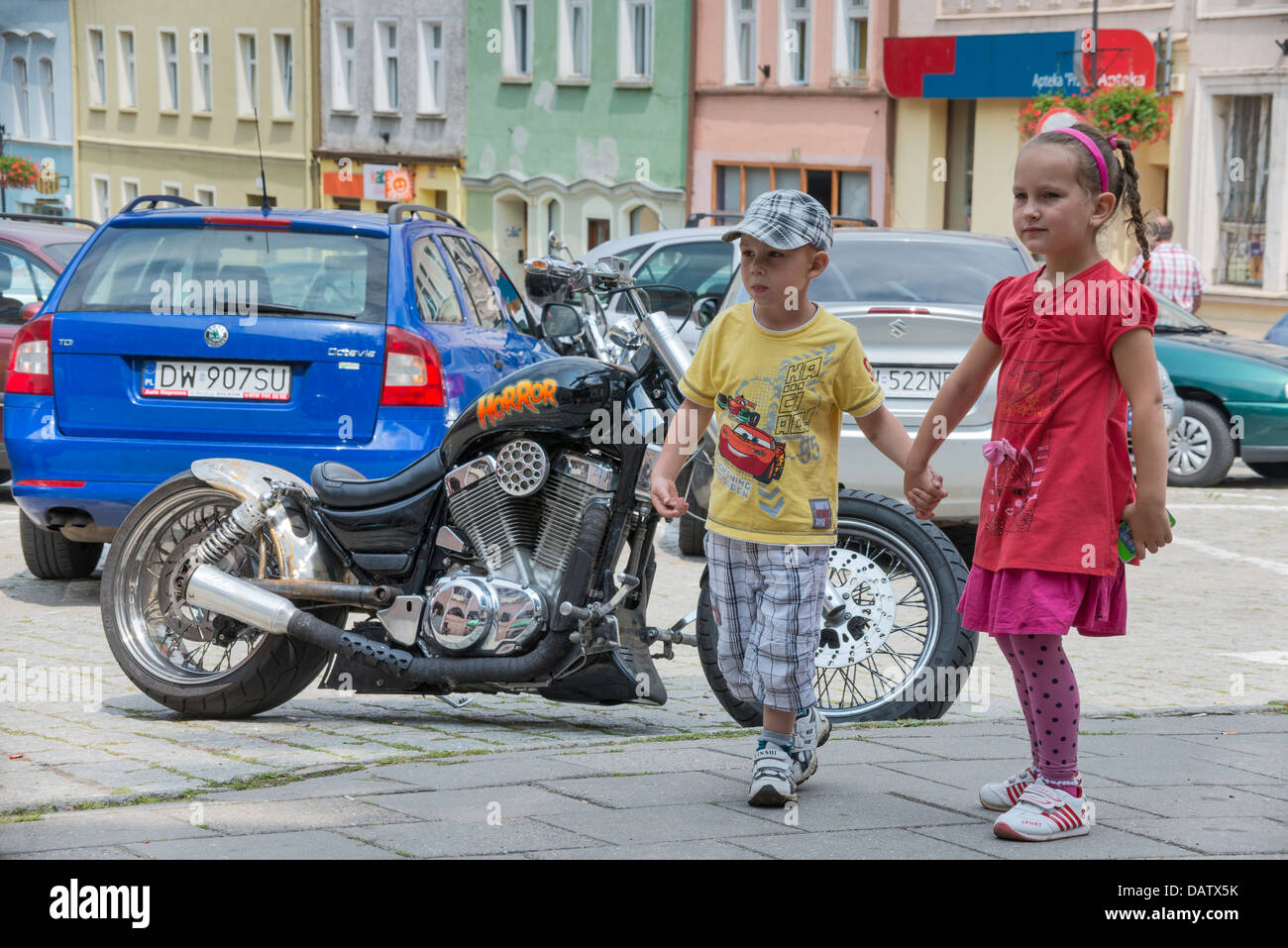 Children and 'Horror' modified motorcycle in Bolkow, Silesia, Poland Stock Photo