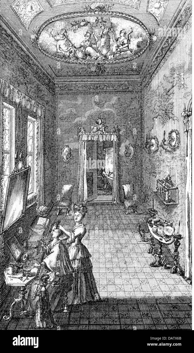 cosmetics, toilet of a lady, copper engraving, title page, out of: Gottlieb Siegmund Corvinus, 'Frauenzimmerlexikon' (Women's Encyclopedia), Leipzig, 1715, Artist's Copyright has not to be cleared Stock Photo