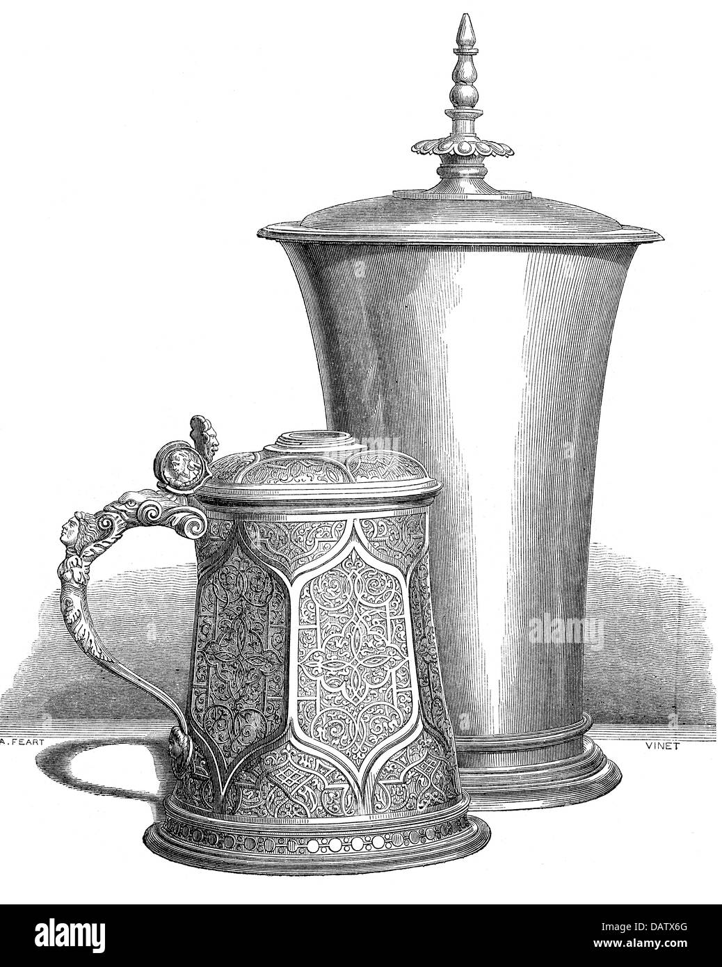 household, drinking vessel, dishes, cutlery, ornamented beer mug and chalice with lid from the property of Martin Luther, 16th century, wood engraving, 1868, Additional-Rights-Clearences-Not Available Stock Photo