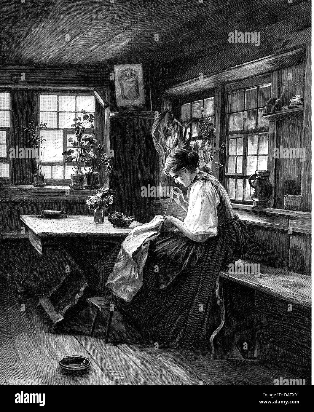 household, sewing and sewing machines, young woman sewing in the living room, after drawing "Fleissige Hände" (Busy hands) by Wilhelm Hasemann (1850 - 1913), wood engraving, from: "Die Gartenlaube", Leipzig, 1884, Additional-Rights-Clearences-Not Available Stock Photo