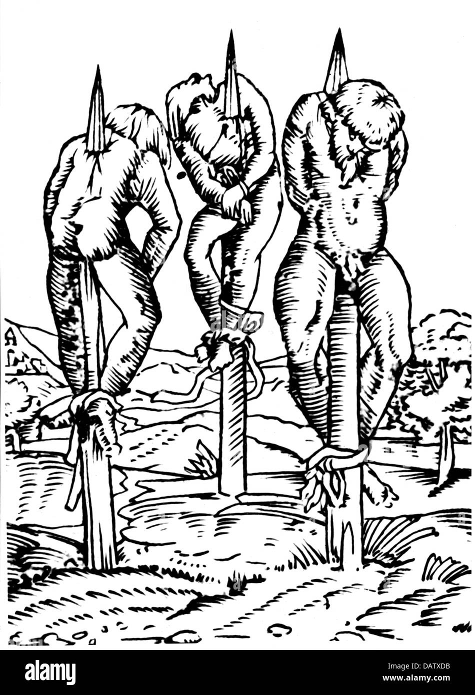 justice, penitentiary system, impale, death of the insurgent peasants under Kostka Napierski, woodcut, 1651, Additional-Rights-Clearences-Not Available Stock Photo