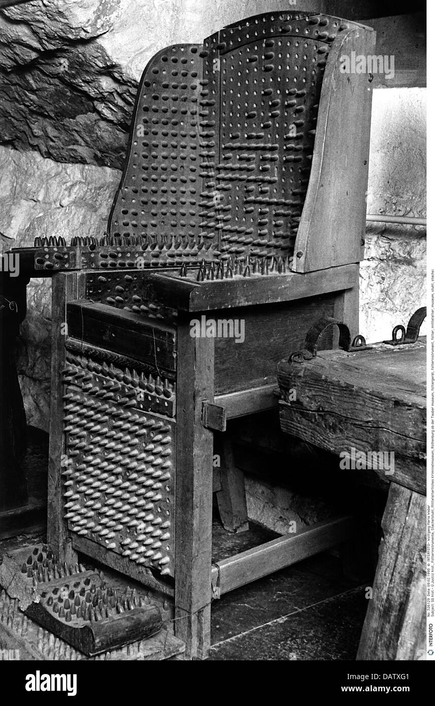 justice, instrument of torture, chair with spikes, museum of medieval crime, Rothenburg ob der Tauber, historic, historical, torture device, instruments of torture, torture devices, chairs, middle ages, Additional-Rights-Clearences-Not Available Stock Photo