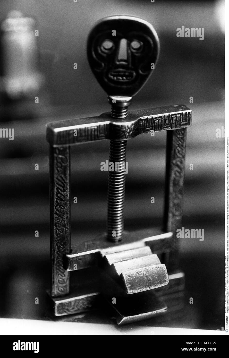 justice, instrument of torture, thumbscrew, museum of medieval crimes, Rothenburg ob der Tauber, historic, historical, thumbscrews, torture device, instruments of torture, torture devices, medieval times, Middle Ages, technics, Additional-Rights-Clearences-Not Available Stock Photo