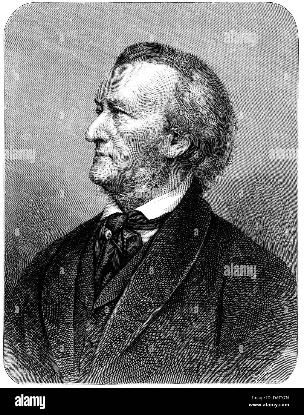 Wagner, Richard, 22.5.1813 - 13.2.1883, German composer, semiprofile, wood engraving, 19th century, Stock Photo