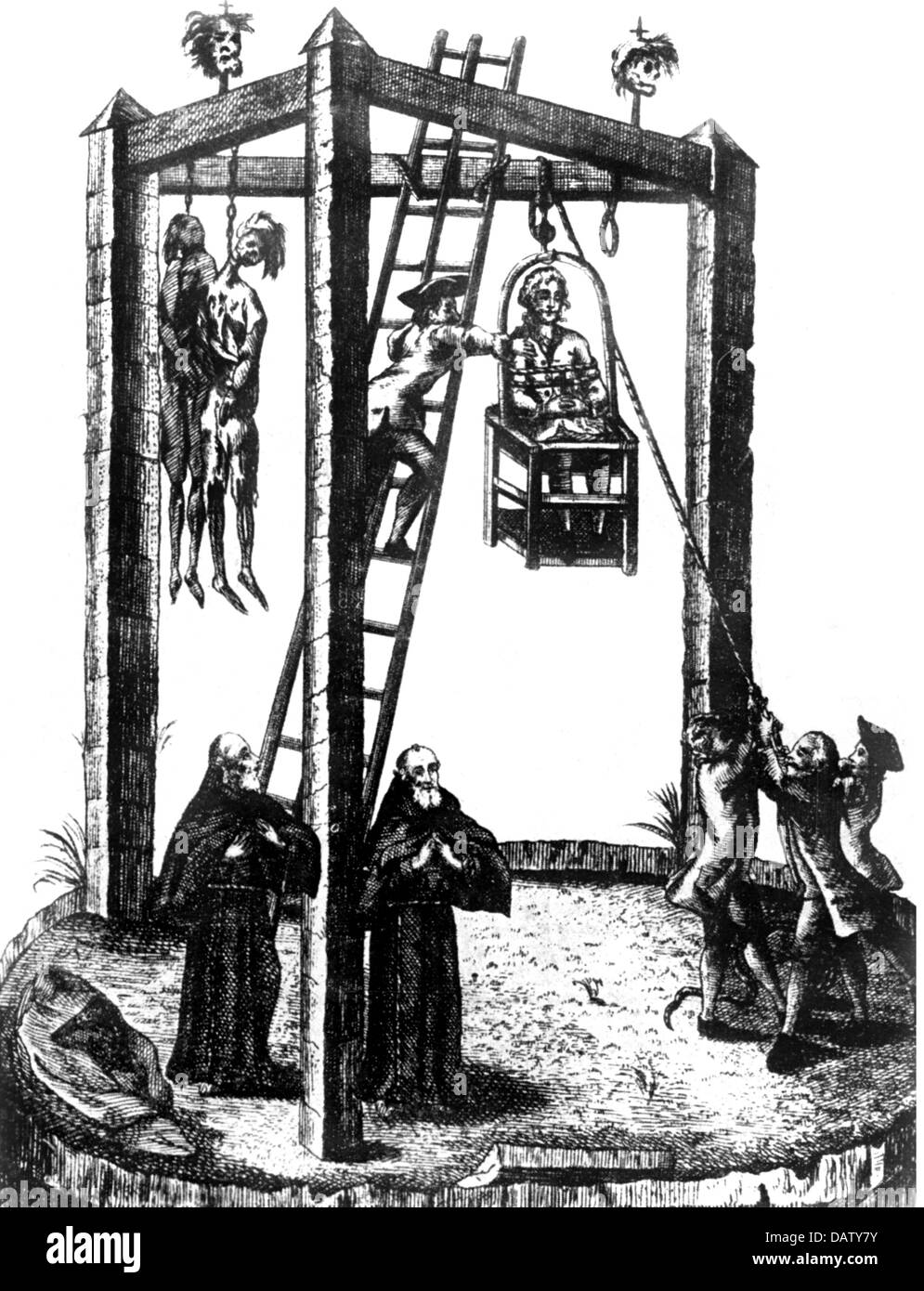 justice, penitentiary system, hanging, execution of Johannes Vetter called 'kleiner schwarzer Hansel' with hanging machine, Buchloe, 25.2.1777, copper engraving, Southern Germany, 1777, Artist's Copyright has not to be cleared Stock Photo