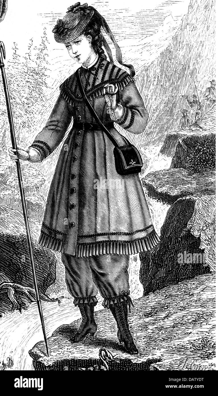 leisure, mountaineering, outfit of female mountaineer, drawing, second half 19th century, 19th century, graphic, graphics, mountaineering, mountaineer, full length, standing, mount, peak, peaks, mountains, mountain, stream, fashion, clothes, outfit, outfits, woman's suit, costume, costumes, hat, hats, glove, gloves, cane, hiking stick, shoulder bag, shoulder bags, boot, ankle boots, fashion illustration, historic, historical, female, woman, people, women, Additional-Rights-Clearences-Not Available Stock Photo
