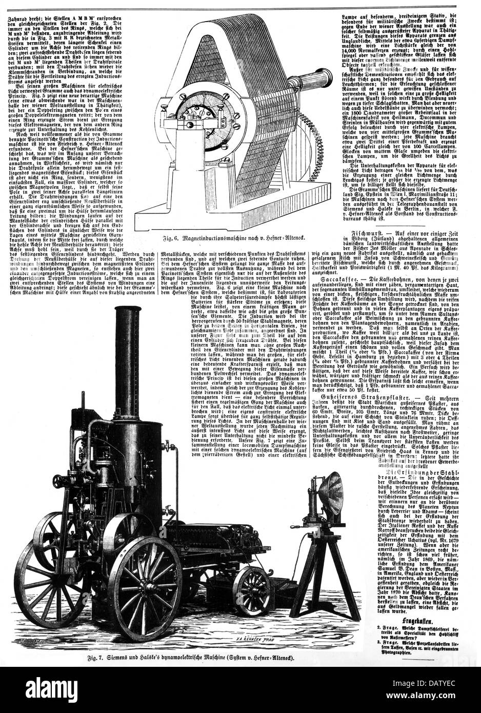 Siemens, Werner von, 13.3.1816 - 6.12.1892, German businessman and inventor, dynamoelectric engine by Siemens and Halste, 1866, Stock Photo
