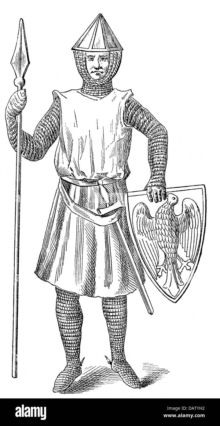 Middle Ages, knights, Polish knight from the 13th century, illustration after a Polish seal, Polish, knight, knights, Middle Ages, lance, lances, mail shirt, mail shirts, Poland, historic, historical, shield, shields, coat of arms, helmet, helmets, people, medieval, Additional-Rights-Clearences-Not Available Stock Photo