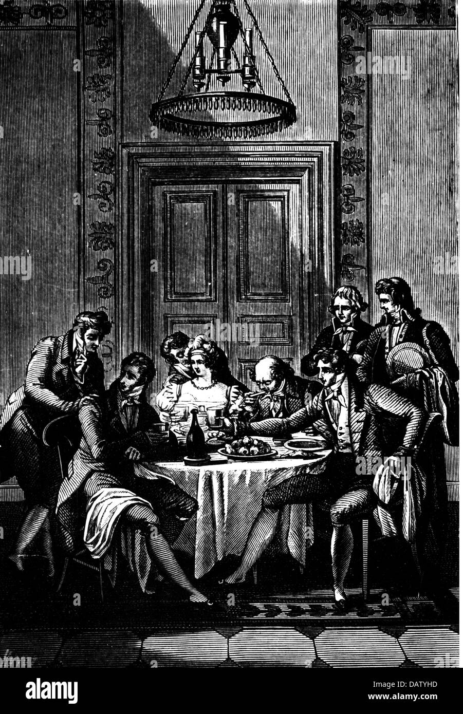 gastronomy, meals, round table, copper engraving, for the poem 'The Conversation', by Jacques Delille (1738 - 1813), 1812, Artist's Copyright has not to be cleared Stock Photo