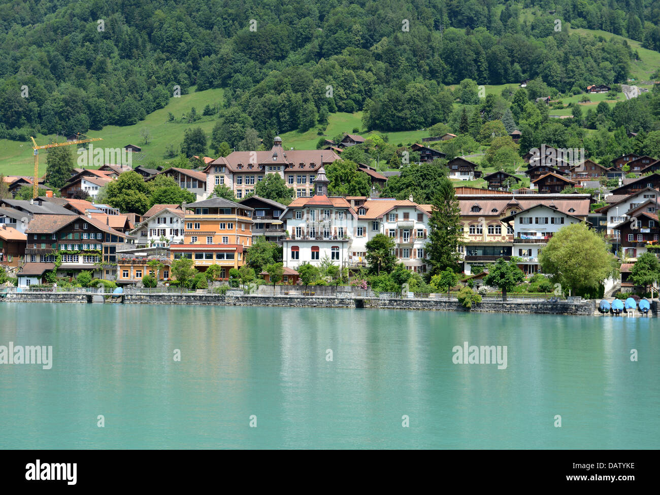 Lake Brienz is a lake in the Canon Berne in Switzerland, here with Brienz village Stock Photo