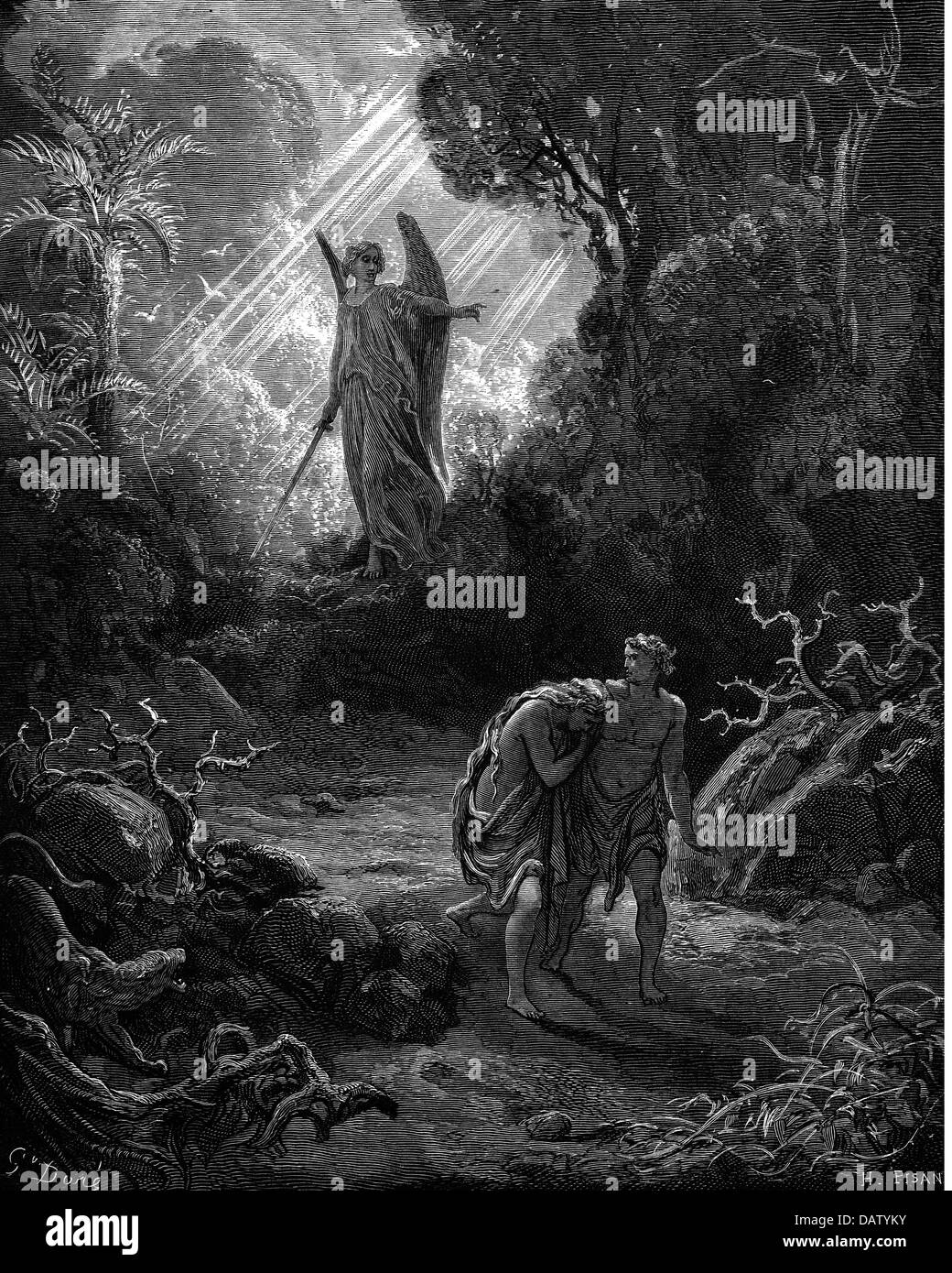 religion, biblical scenes, Adam and Eve, 'The Expulsion from Paradise', wood engraving to the Bible by Gustave Doré, 1866, Artist's Copyright has not to be cleared Stock Photo