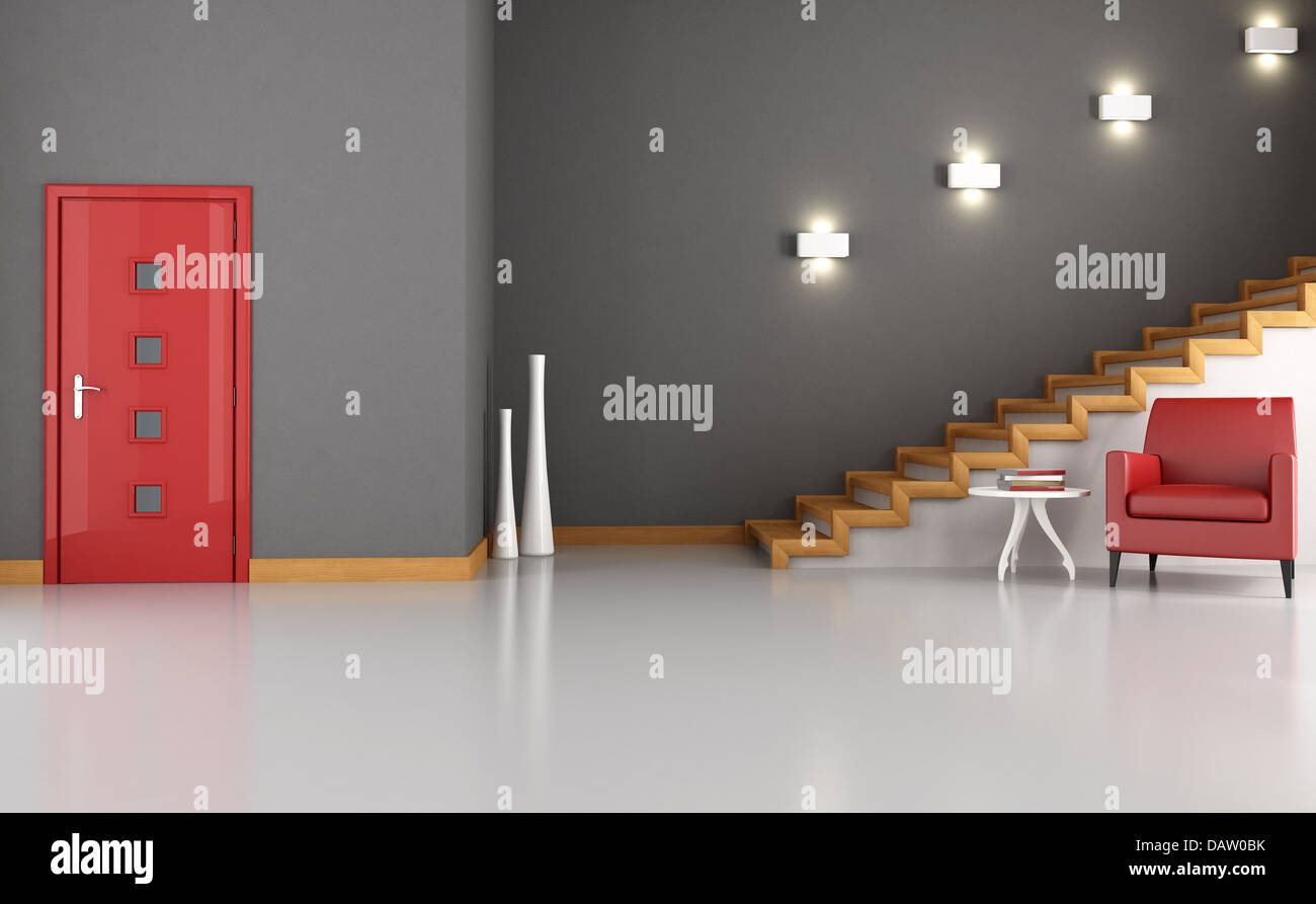 Modern interior with red door and staircase - rendering Stock Photo - Alamy