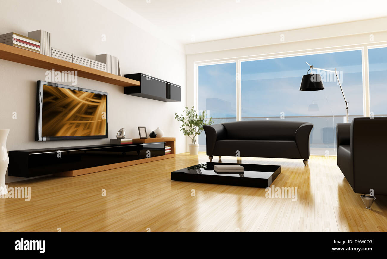 black and white living room with TV -the art picture on screen is a my