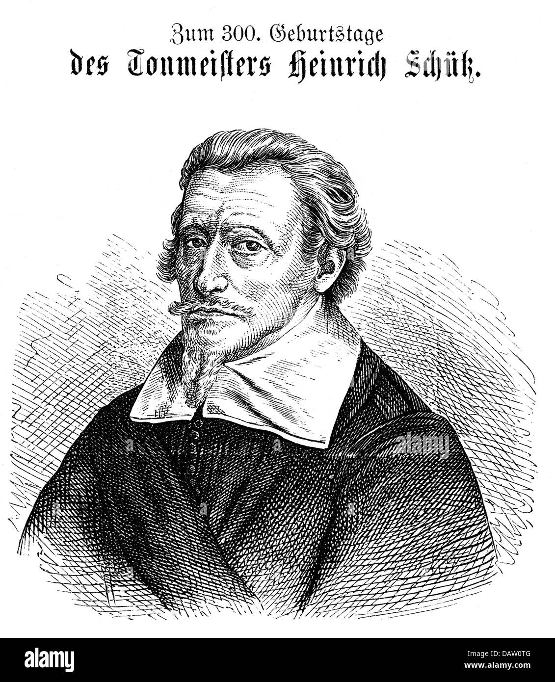 Schuetz, Heinrich, 8.10.1585 - 6.11.1672, German musician (composer), chief bandmaster of the Dresden court music since 1656, portrait, based on contemporary portrait, wood engraving, 1885, Stock Photo