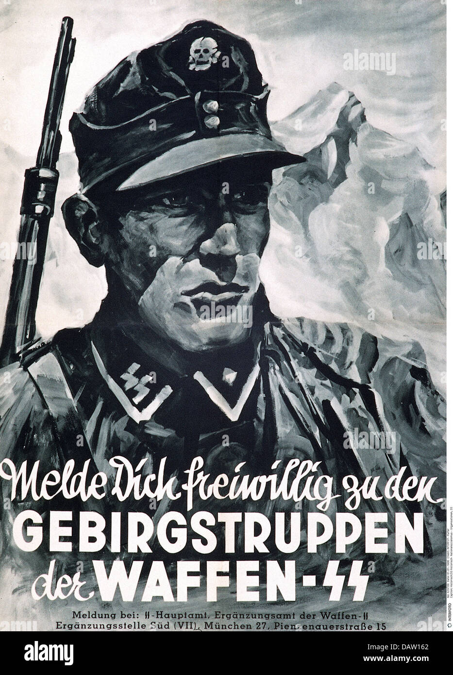 National Socialism / Nazism, organisations, SS (Schutzstaffel), Waffen-SS, recruiting poster 'Volunteer for the SS mountain troops', Munich, Germany, circa 1942, Additional-Rights-Clearences-Not Available Stock Photo