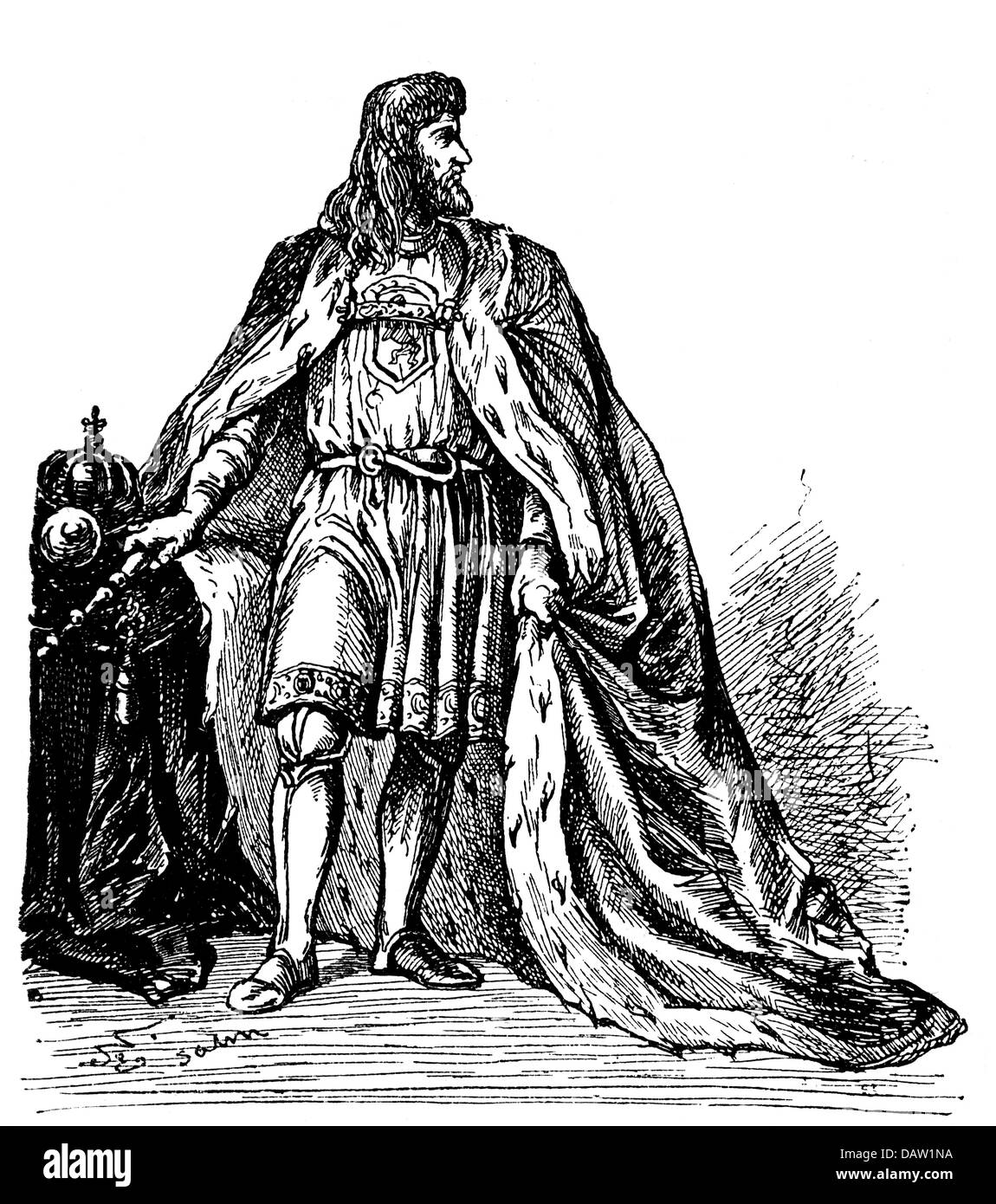 Otto III, 1261 - 9.9.1312, Duke of Lower Bavaria 3.2.1290 - 9.9.1312, full length, wood engraving, 19th century, Stock Photo