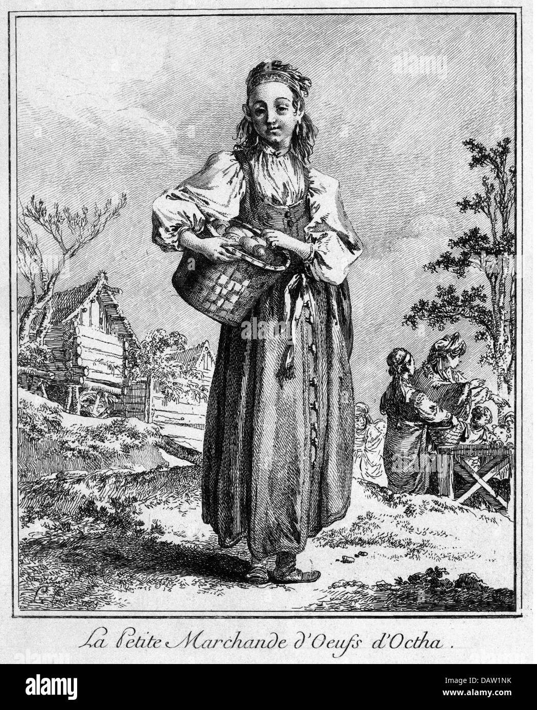 trade, merchants, woman selling eggs, copper engraving, 18th century, 18th century, historic, historical, eggs, saleswoman, saleswomen, salesladies, salesgirl, salesgirls, basket, woman, food, rural, rustic, full length, people, women, female, Artist's Copyright has not to be cleared Stock Photo