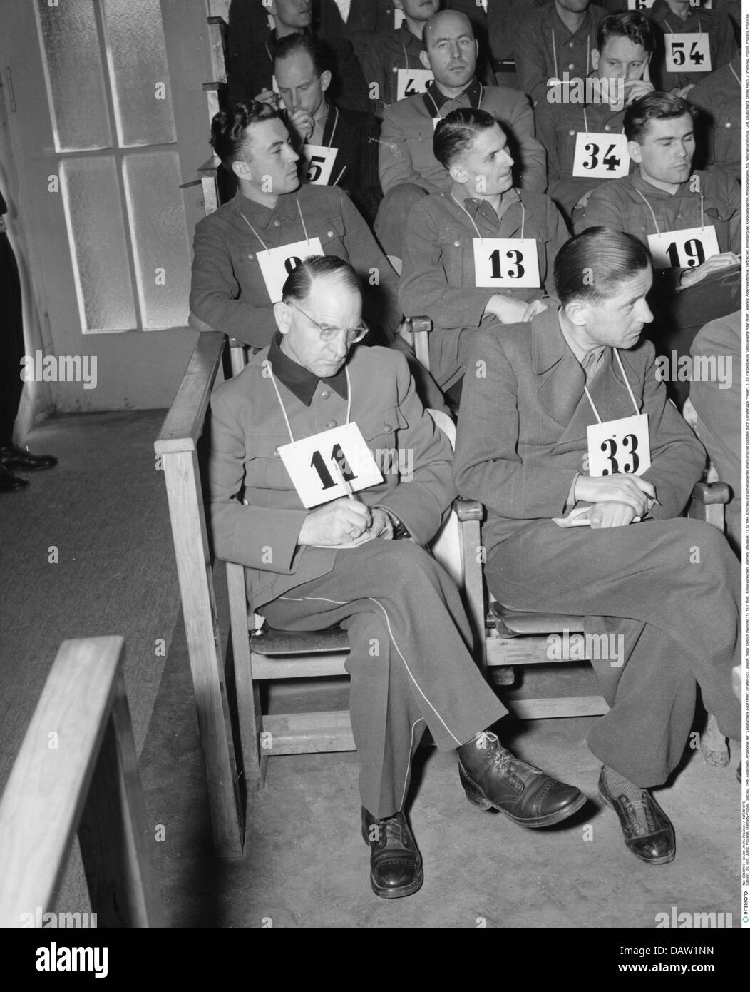 justice, trials, Malmedy massacre trial, Dachau, Germany, 1946, defendants, members of the 1st SS Panzer Division 'Leibstandarte Adolf Hitler', in front left (No. 11): Joseph 'Sepp' Dietrich, 16.7.1946, Additional-Rights-Clearences-Not Available Stock Photo