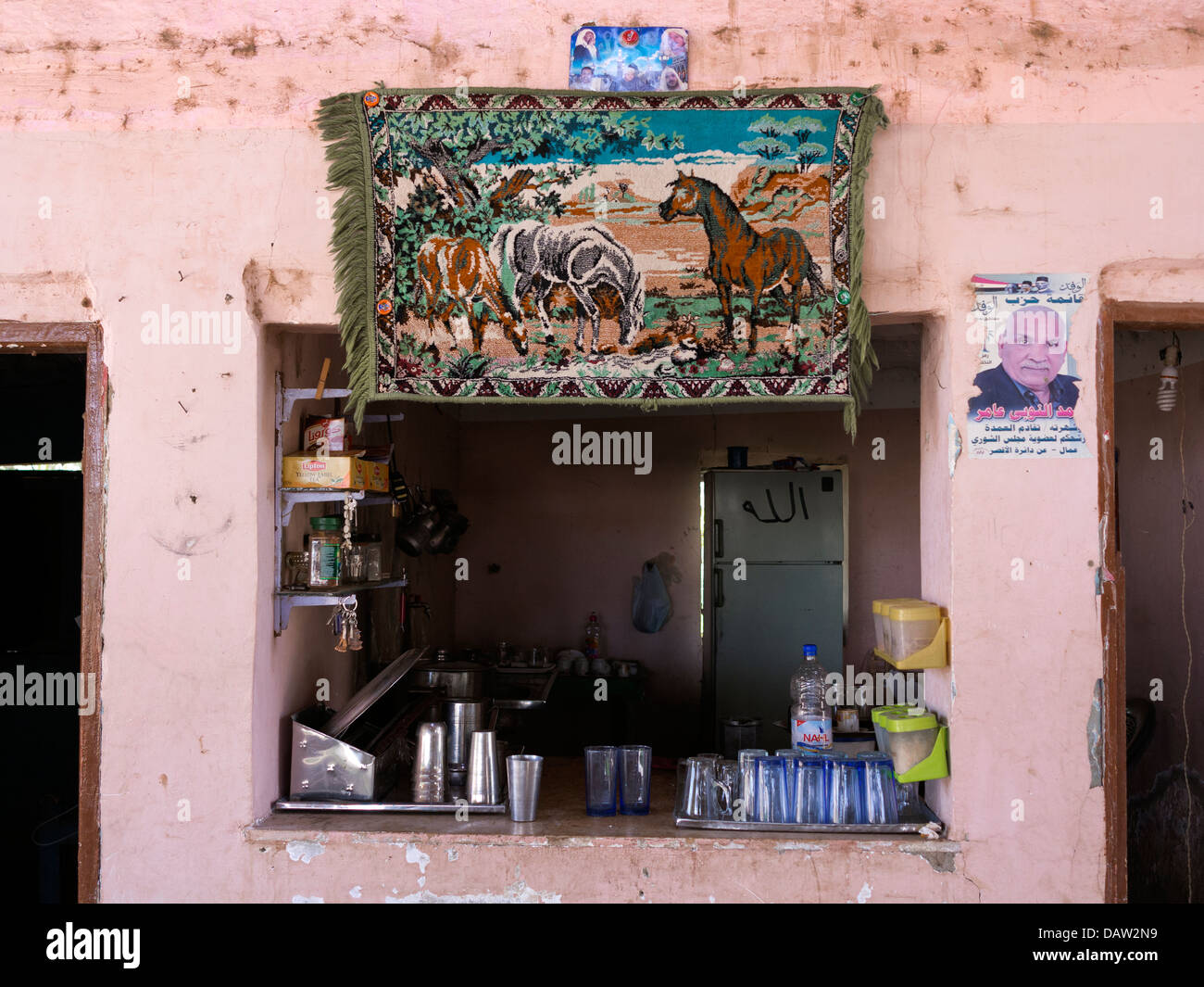Detail of outside of an Egyptian roadside cafe showing counter and serving hatch Stock Photo