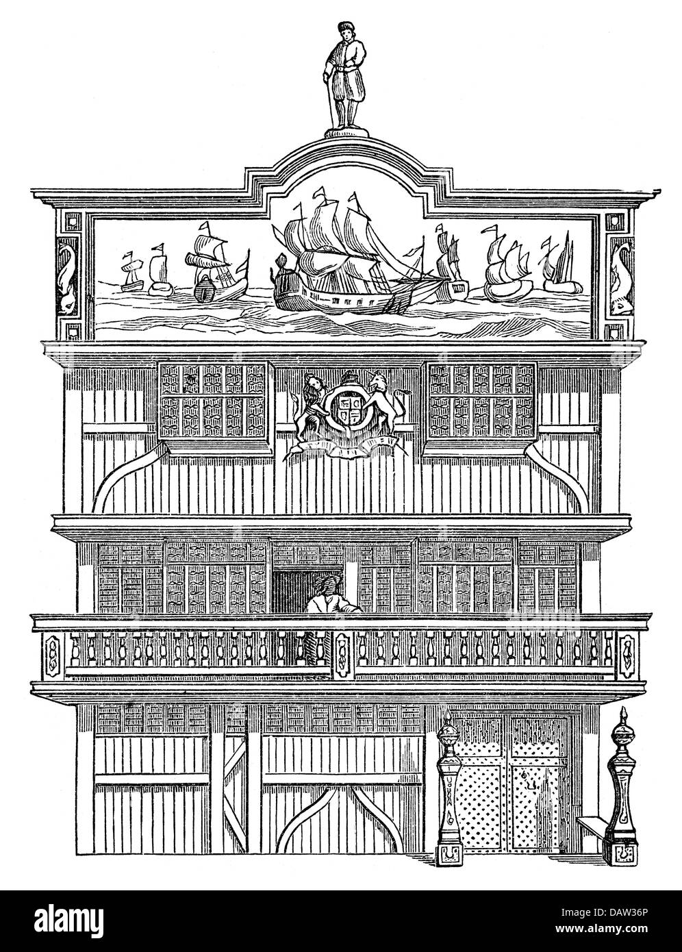 trade, trading company, English East India Company, headquarters in London, exterior view, after engraving, 17th century, 17th century, British East India Company, building, buildings, sculpture, sculptures, statue, statues, fresco, frescos, frescoing, sailing ship, sailing ships, coat of arms, balcony, balconies, entrance, entranceway, headquarters, head quarter, head office, head offices, ancestral seat, central office, central offices, trading company, trading companies, general partnership, company, companies, historic, historical, people, Additional-Rights-Clearences-Not Available Stock Photo