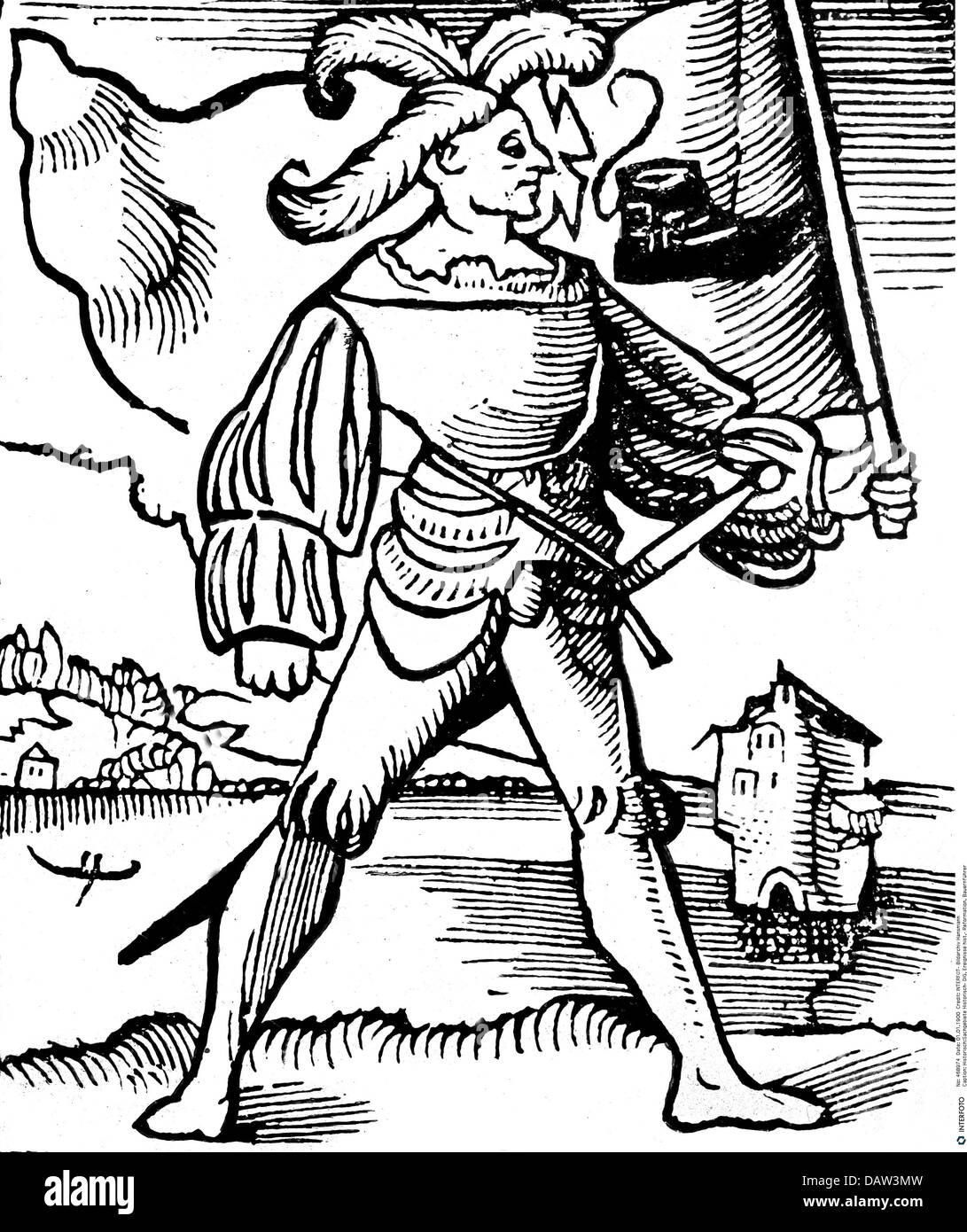 Reformation, peasant leader with Bundschuh flag, woodcut to the polemic
