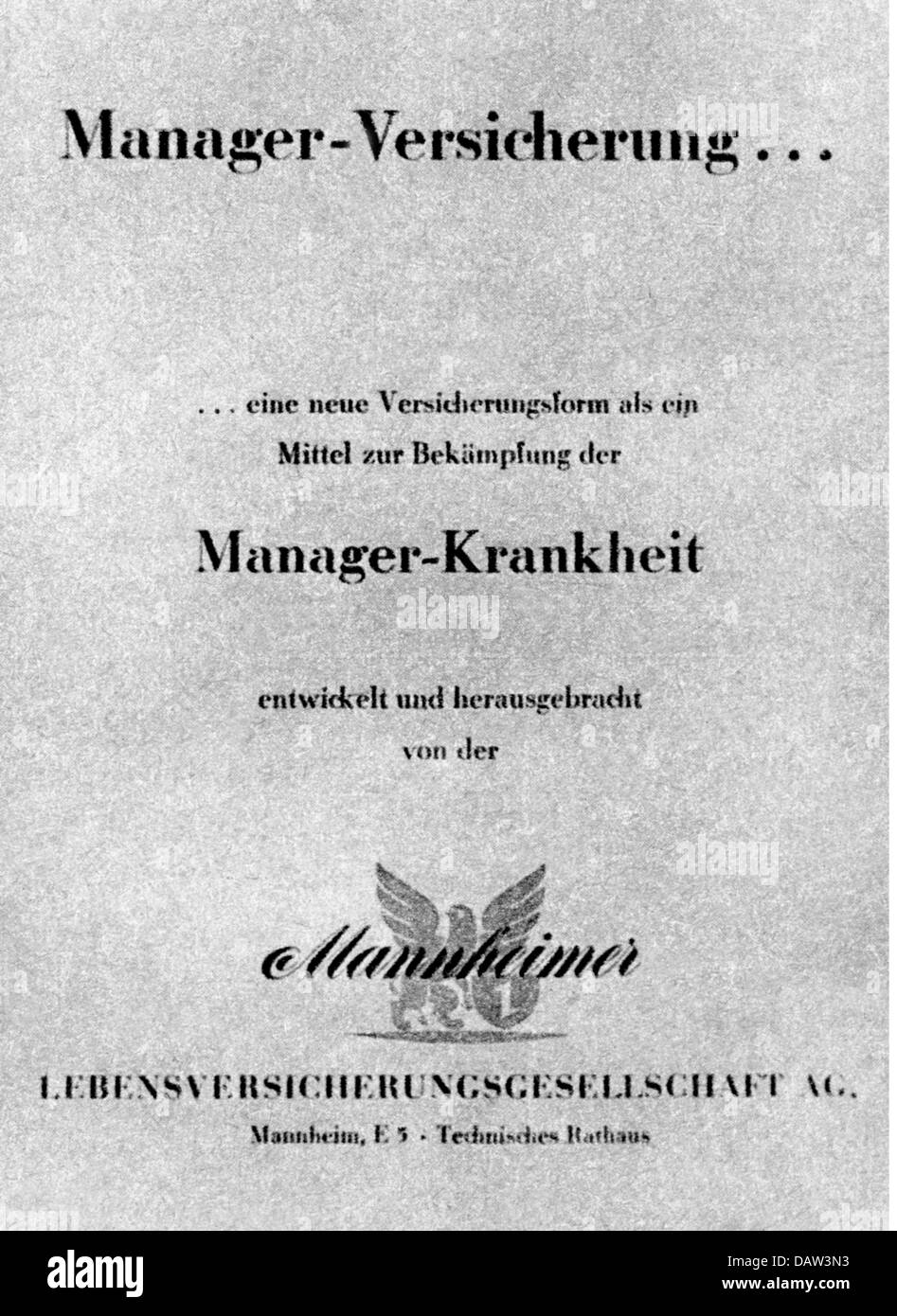 money / finances, insurances, insurance policy of the Mannheimer Versicherung insurance, 'Manager Insurance', title page, 1950s, Additional-Rights-Clearences-Not Available Stock Photo
