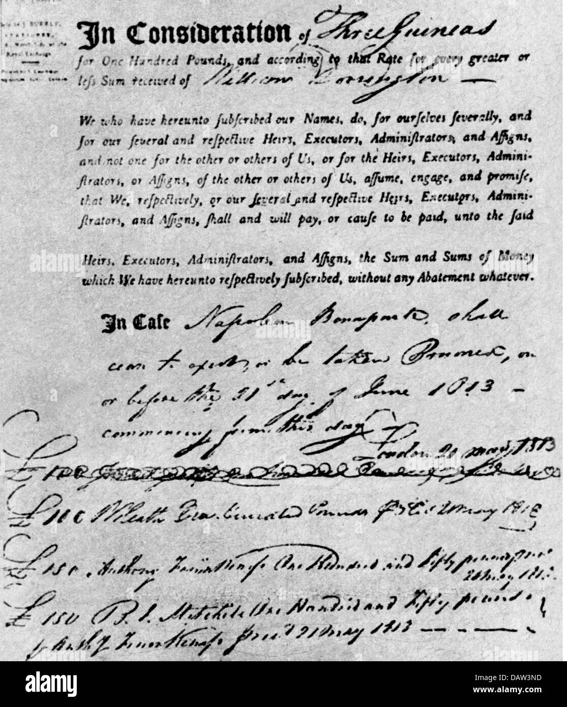 money / finances, insurances, insurance policy of an Englishman who wanted to insure himself against the fall and death of Napoleon, issued by 'Lloyds', London, 1813, Additional-Rights-Clearences-Not Available Stock Photo