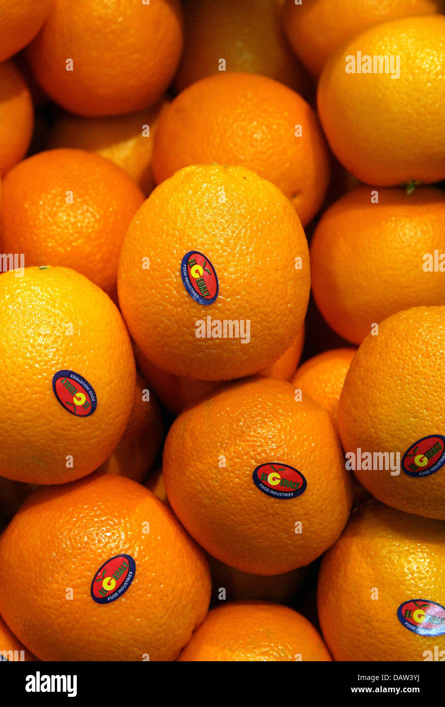 Orange oranges with stickers shown at the fruitandvegetabletrade