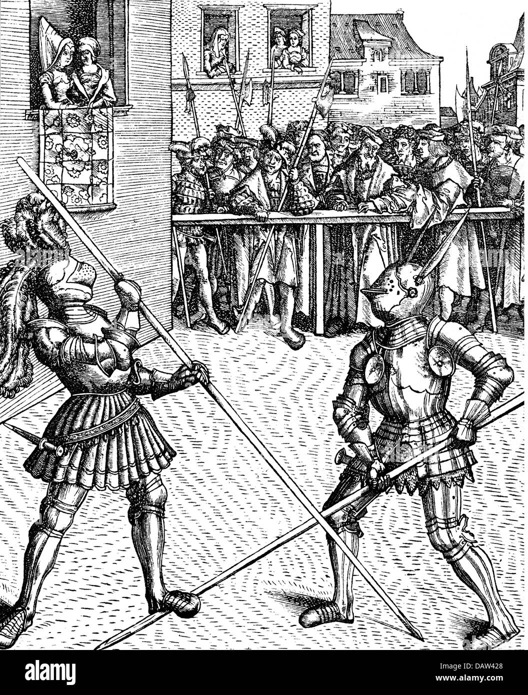 Middle Ages, knights, tournament, knights fighting on foot with lances, woodcut from 'Weisskunig', by Hans Burgkmair, 1516, Additional-Rights-Clearences-Not Available Stock Photo