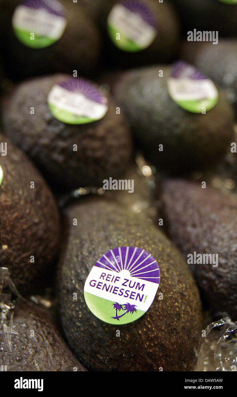 The picture shows avocado bearing a sticker reading 'Reif zum Geniessen'  (Ripe to enjoy) at the fruit and vegetable wholesale in Hamburg, Germany,  16 January 2007. Photo: Ulrich Perrey Stock Photo - Alamy