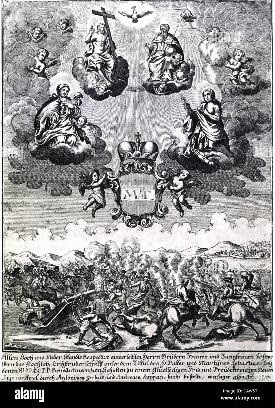 War of Austrian Succession, 1740 - 1748, allegoric copper engraving, Austria, 1744, 18th century, historic, historical, sucession, war, initials, Maria Theresia, empress, Habsburg, angel, dove, peace dove, peace, battle, battlefield, coat of arms, heaven, allegory, people, Artist's Copyright has not to be cleared Stock Photo