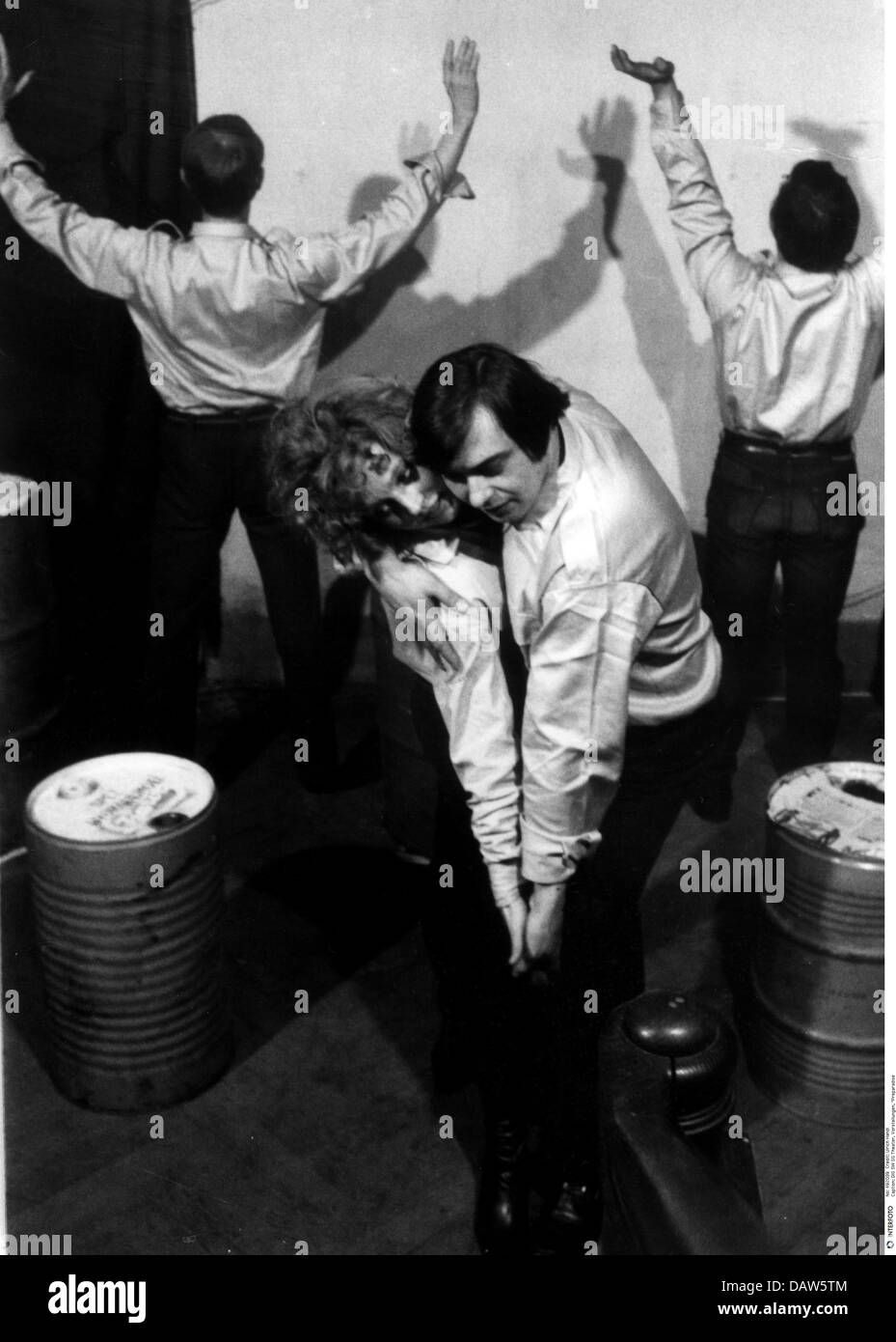 theatre, theatrical performances, 'Preparadise Sorry Now', performance at 'Antitheater' Munich, stage-managing by R. W. Fassbinder, scene with Reinhold Gunter, Hanna Schygulla, Kurt Raab, NIP, 1968, Additional-Rights-Clearences-Not Available Stock Photo