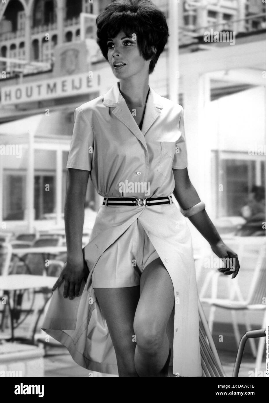 fashion, 1960s, summer collection, model is wearing two-parter, shirt blouse dress and shorts, half length, late 1960s, , Additional-Rights-Clearences-Not Available Stock Photo