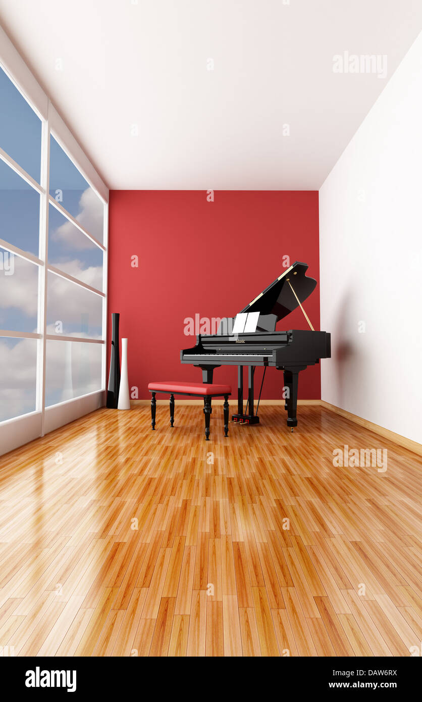 minimalist music room with black grand piano Stock Photo - Alamy