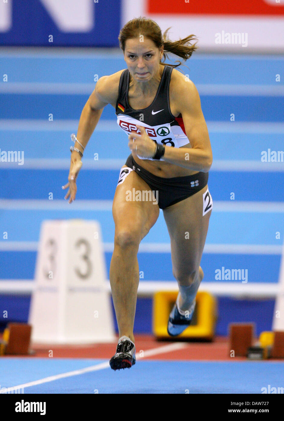 German athlete Sina Schielke starts at the Ladies' 60m Prelims of the European Athletics Indoor Championships in Birmingham, United Kingdom, Friday, 02 March 2007. Schielke failed to move up to the next round with a time of 7.38 seconds. Photo: Arne Dedert Stock Photo