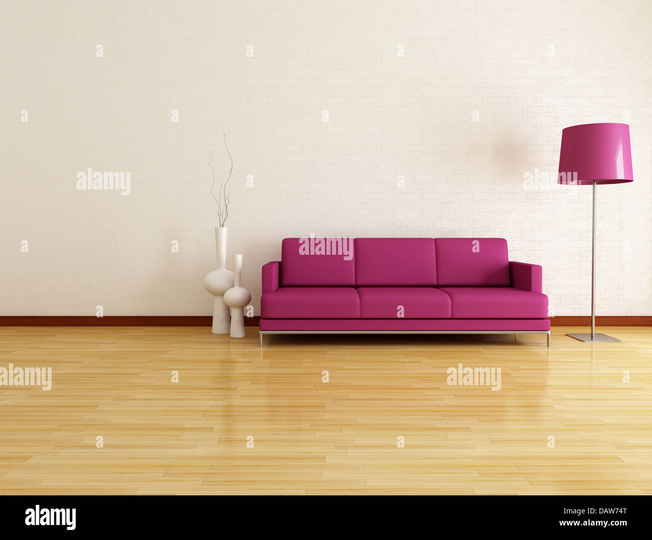 Purple sofa in a minimalist living room rendering Stock Photo Alamy