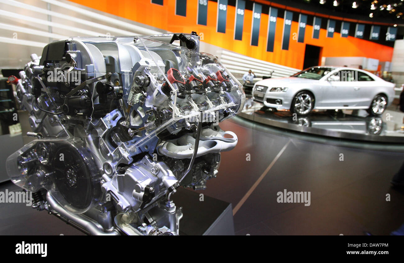 A 4.2 FSI engine and a new Audi S5 are on display at the Audi stand at the  77th International Motor Show in Geneva, Switzerland, Wednesday 07 March  2007. The 77th International