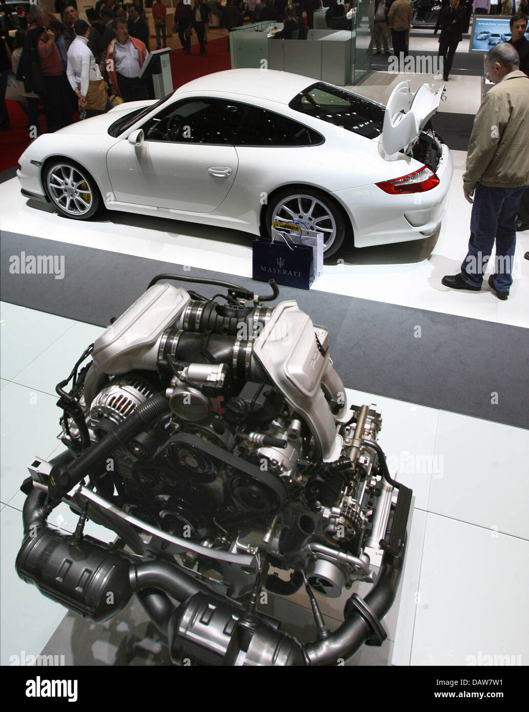 A six-cylinder Porsche boxer engine is on display at the Porsche stand at  the 77th International Motor Show in Geneva, Switzerland, Wednesday 07  March 2007. The 77th International Geneva Motor Show runs