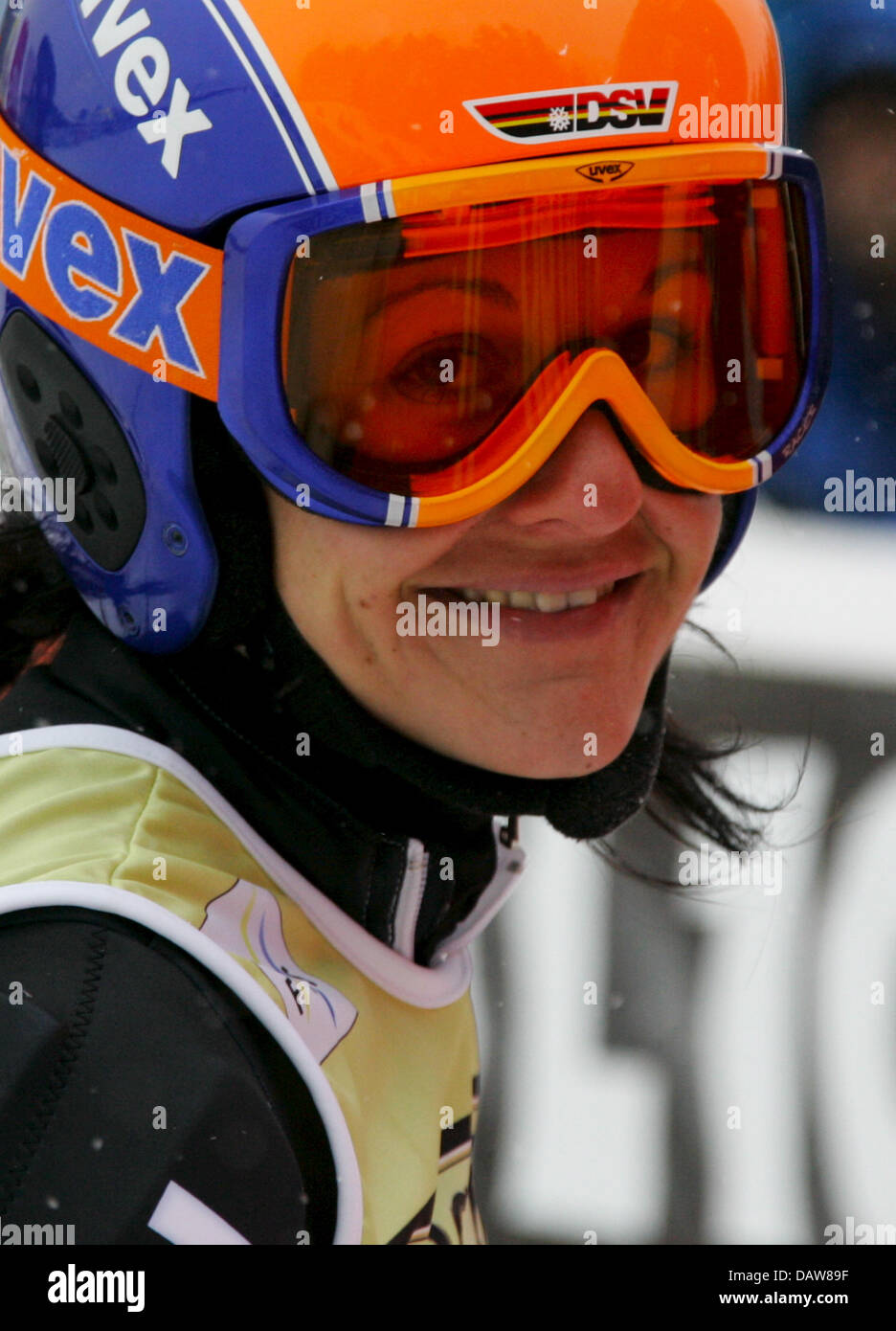 German skier Kathrin Hoelzl wries a smile after her first run of the giant slalom in Zwiesel