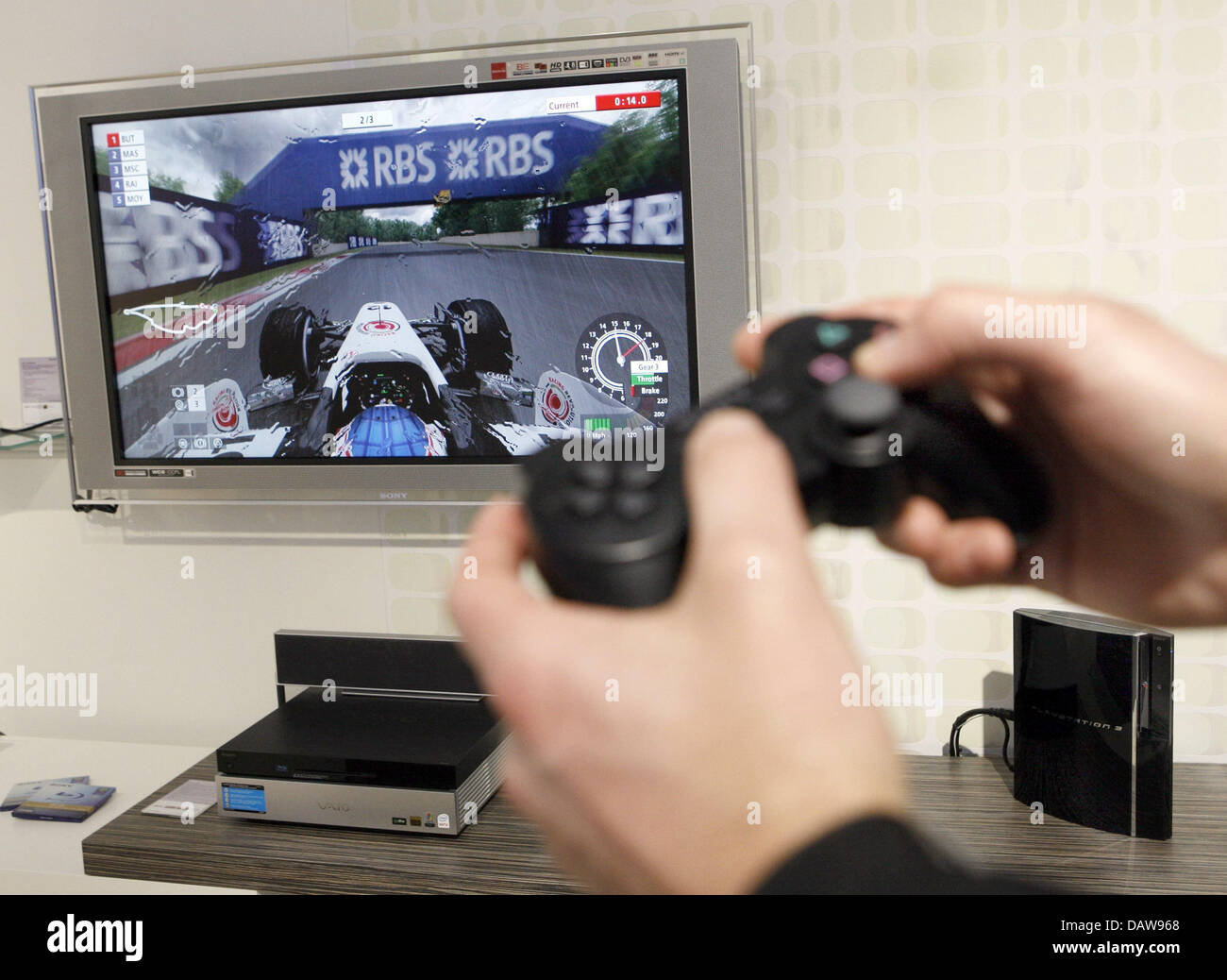 A video game is presented on the new Playstation 3 by Sony at the 'CeBIT 2007' trade fair in Hanover, Germany, Thursday, 15 March 2007. CeBIT is the world's largest trade fair showcasing digital IT and telecommunications solutions for home and work environments and this year runs from 15th until 21st March 2007. More than 6,000 companies from 77 countries will exhibit their latest  Stock Photo