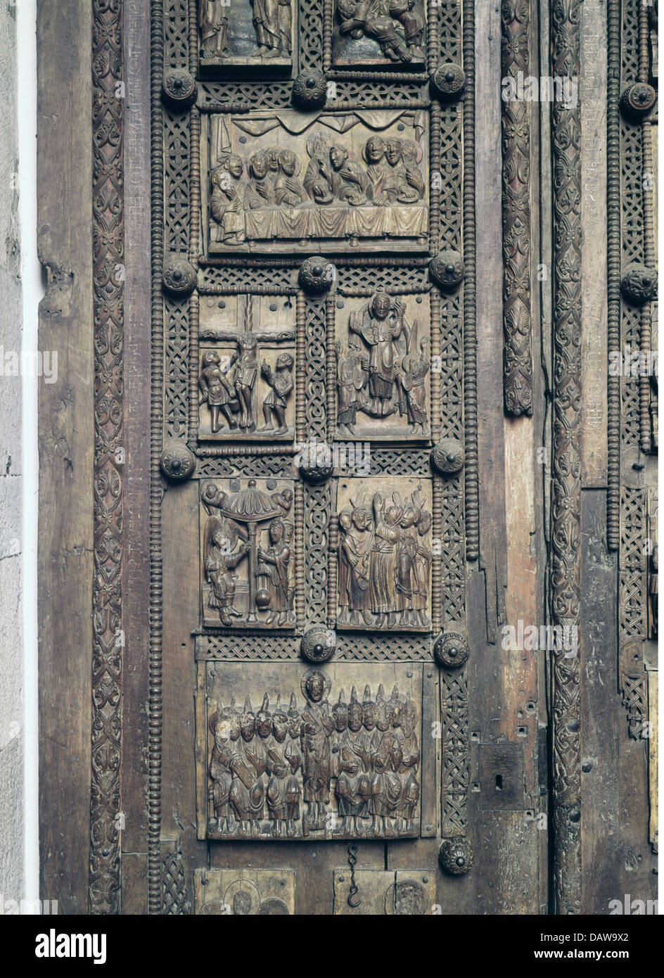 fine arts, Middle Ages, craft, wood carving, scenes out of the life of Jesus Christ, door, 2nd fourth of the 11th century, Stock Photo