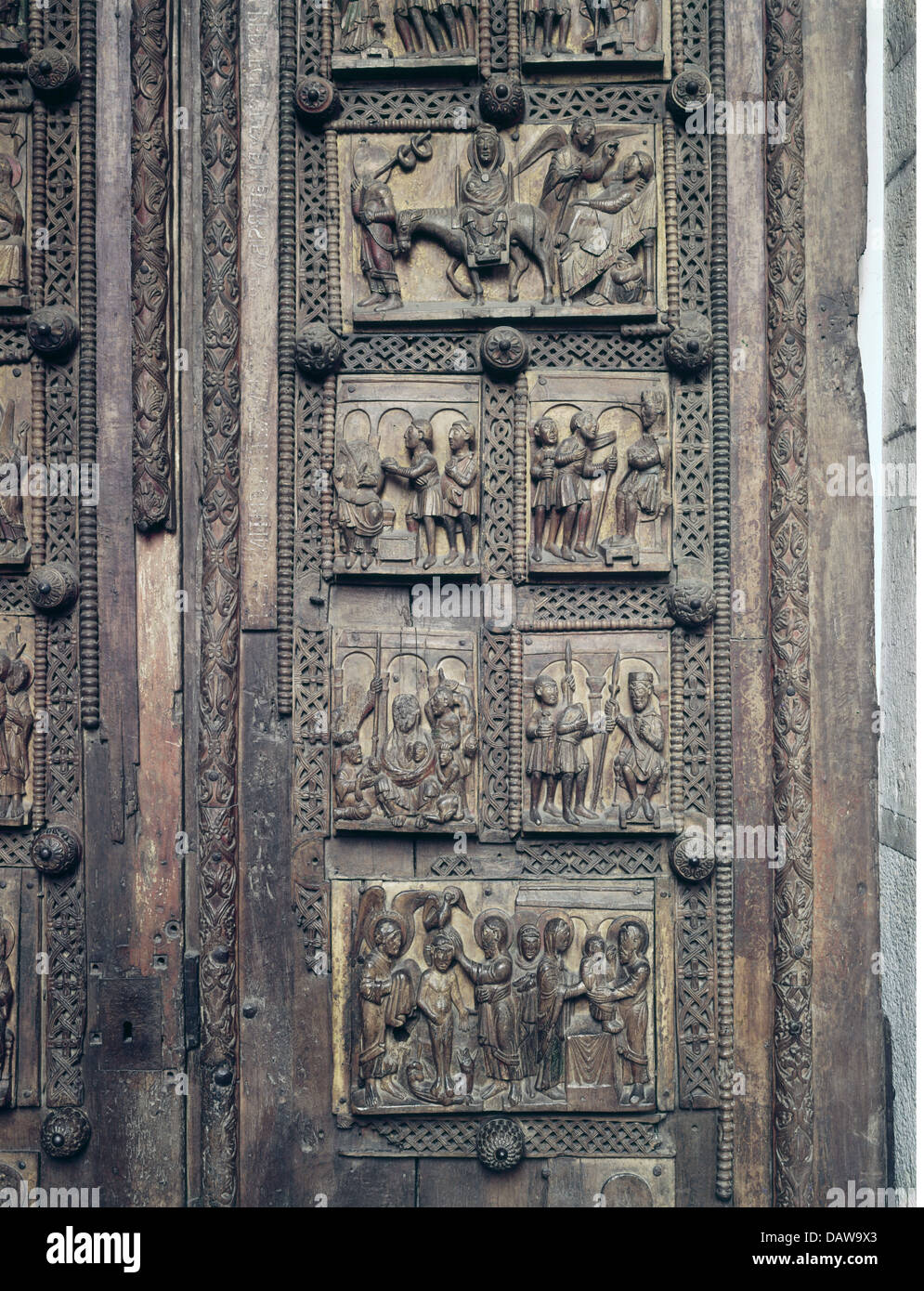 fine arts, Middle Ages, craft, wood carving, scenes from the life of Jesus Christ, wooden door, 2nd quarter of the 11th Stock Photo